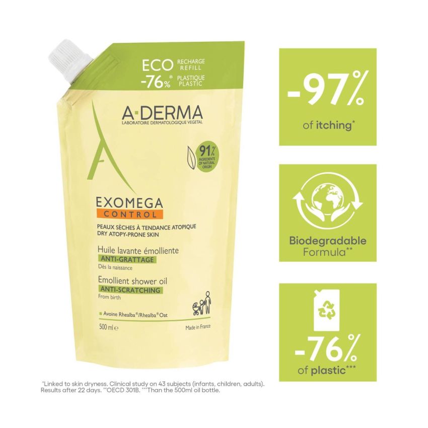A-Derma Exomega Control Óleo de Banho Antiprurido Pele Atópica Recarga 500ml