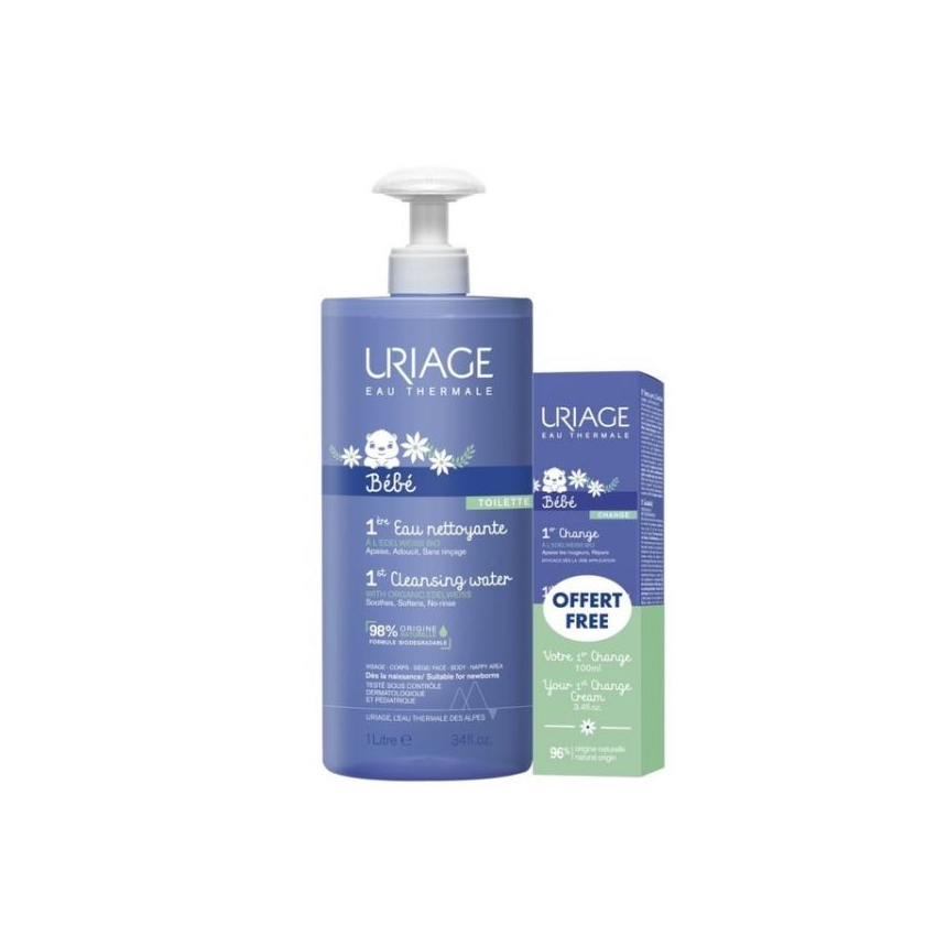 Uriage Bebé 1ª Água de Limpeza 1L + 1º Creme Muda da Fralda 100ml